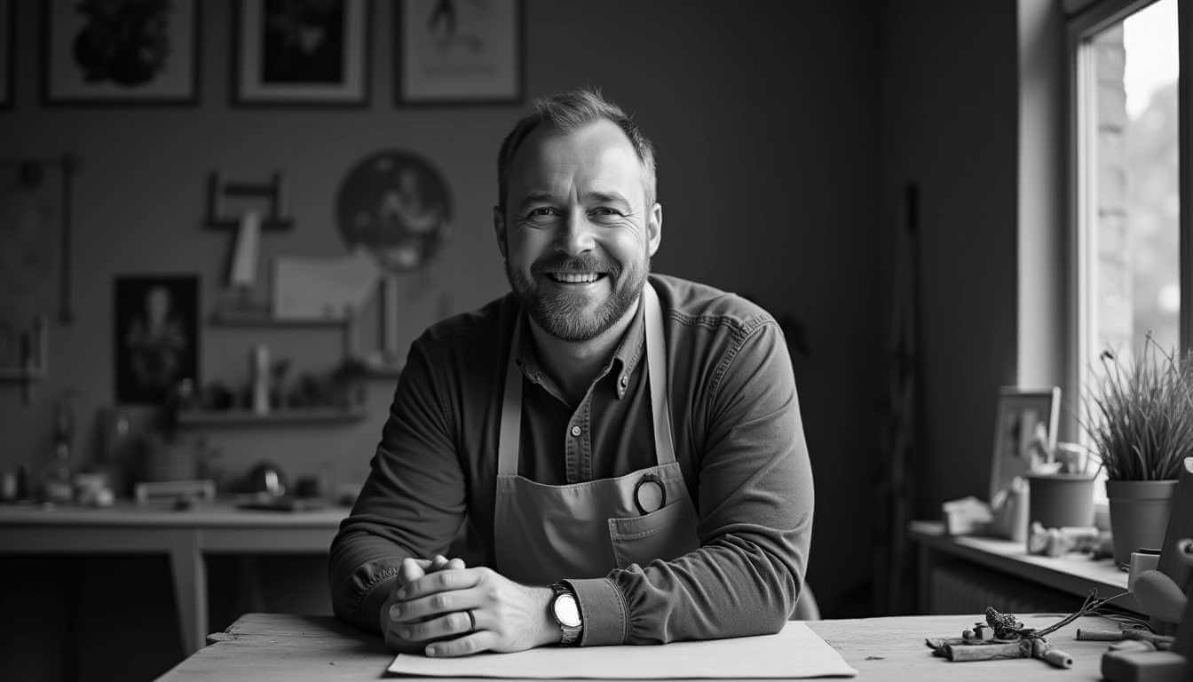 Handwerker am Tisch als Symbol für Selbständig machen als Handwerker.