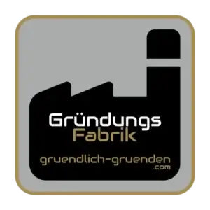 Logo mit Text "GründungsFabrik gruendlich-gruenden.com" auf schwarzer Fabrik mit Schornstein