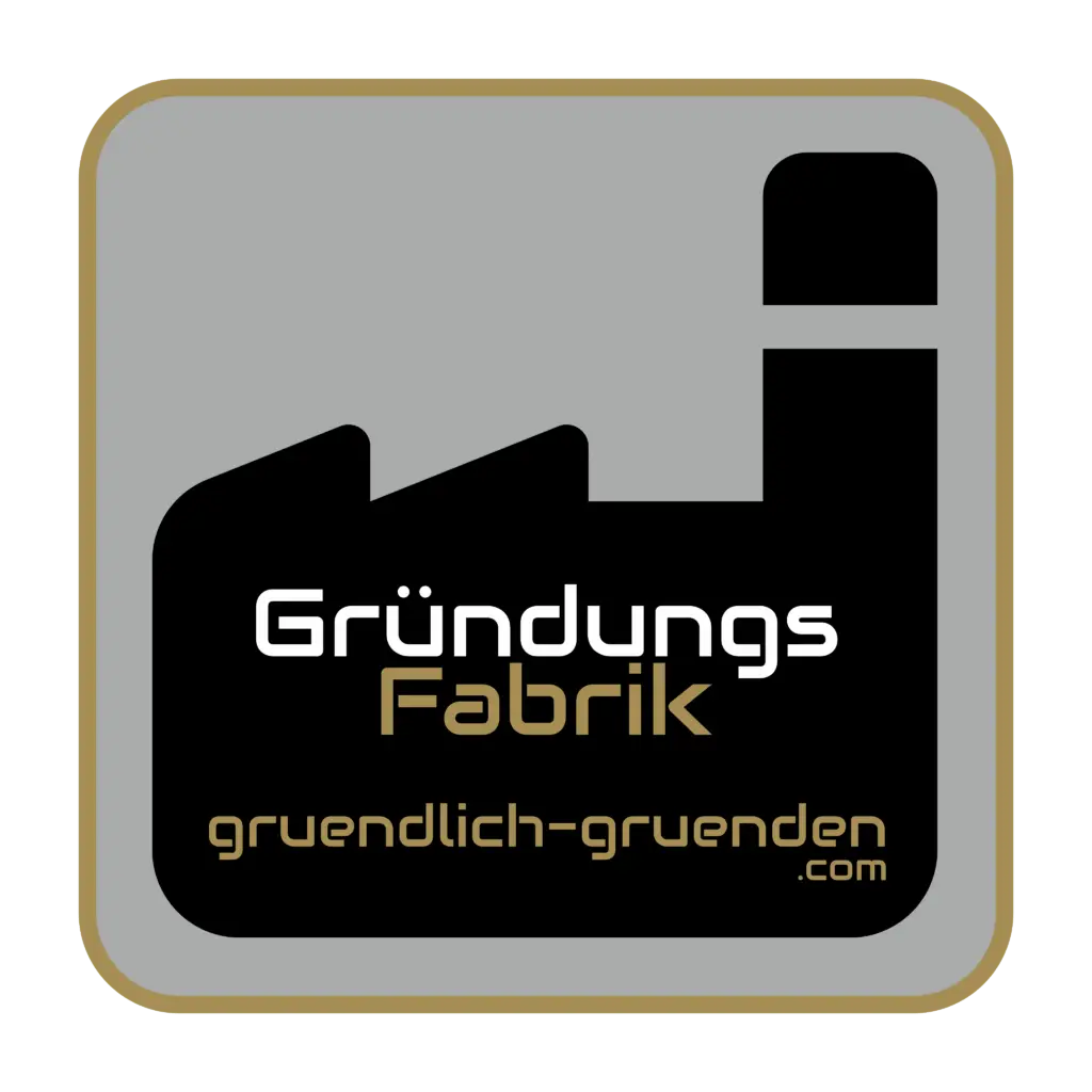 Logo mit Text "GründungsFabrik gruendlich-gruenden.com" auf schwarzer Fabrik mit Schornstein