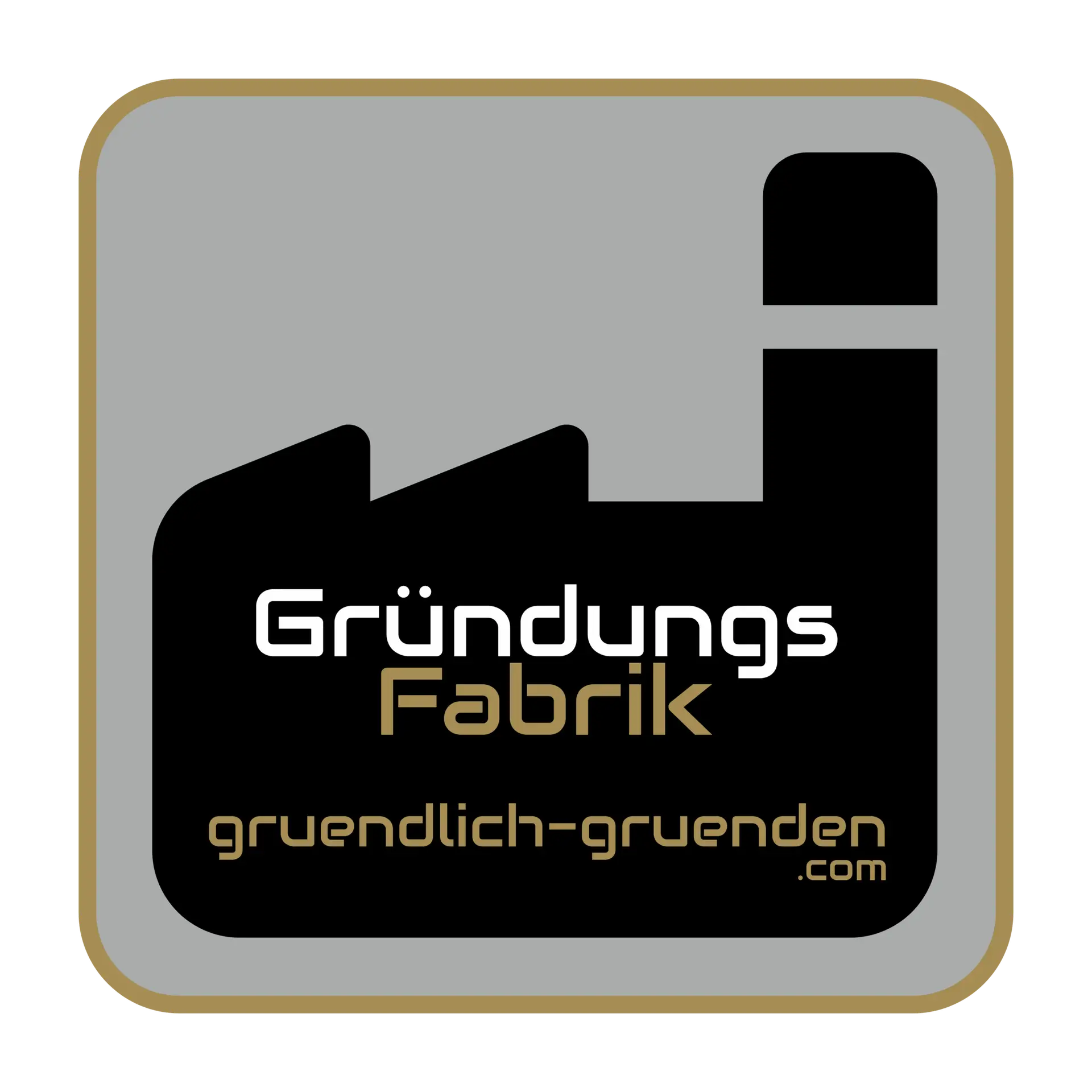 Logo mit Text "GründungsFabrik gruendlich-gruenden.com" auf schwarzer Fabrik mit Schornstein