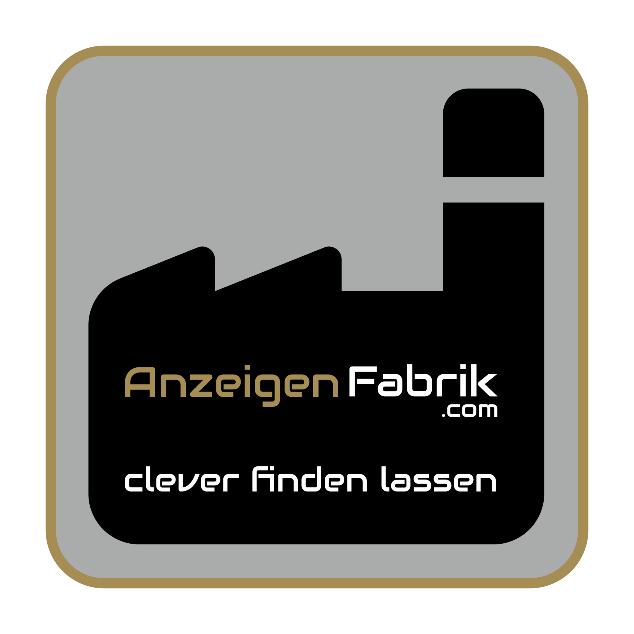 Logo mit Text "AnzeigenFabrik.com clever finden lassen" auf schwarzer Fabrik mit Schornstein