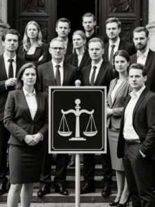 Gründer-FAQ 1 Gruppe von Anwälten mit einer Waage als Symbol für Rechtsformen