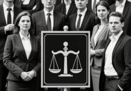 Gruppe von Anwälten mit einer Waage als Symbol für Rechtsformen