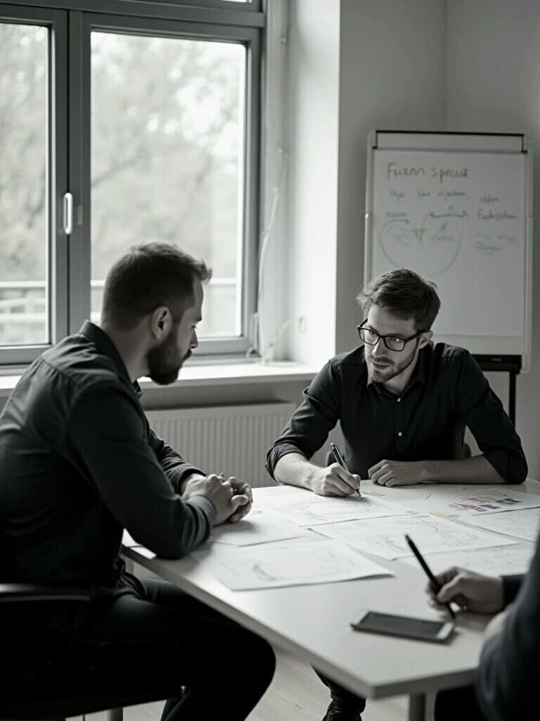 Geschäftskonzept & Positionierung 2 Zwei Personen diskutieren über Geschäftskonzepte.