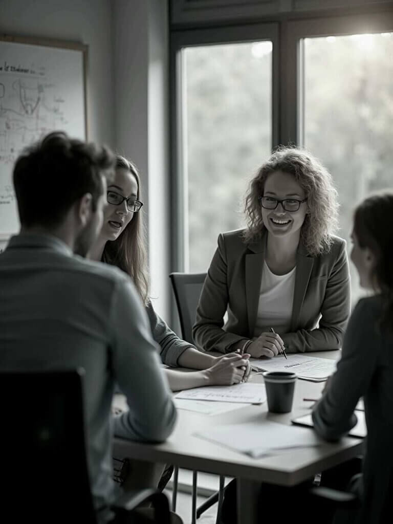 Geschäftskonzept & Positionierung 1 Ein Gruppe von Personen hält eine Besprechung von Geschäftskonzepten in einem modernen Büro ab.
