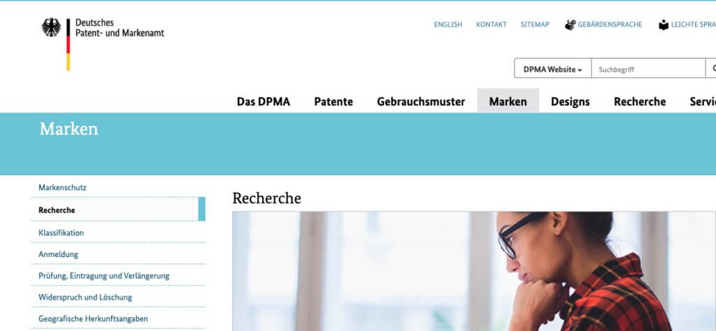 Screenshot der Website des deutschen Patentamts