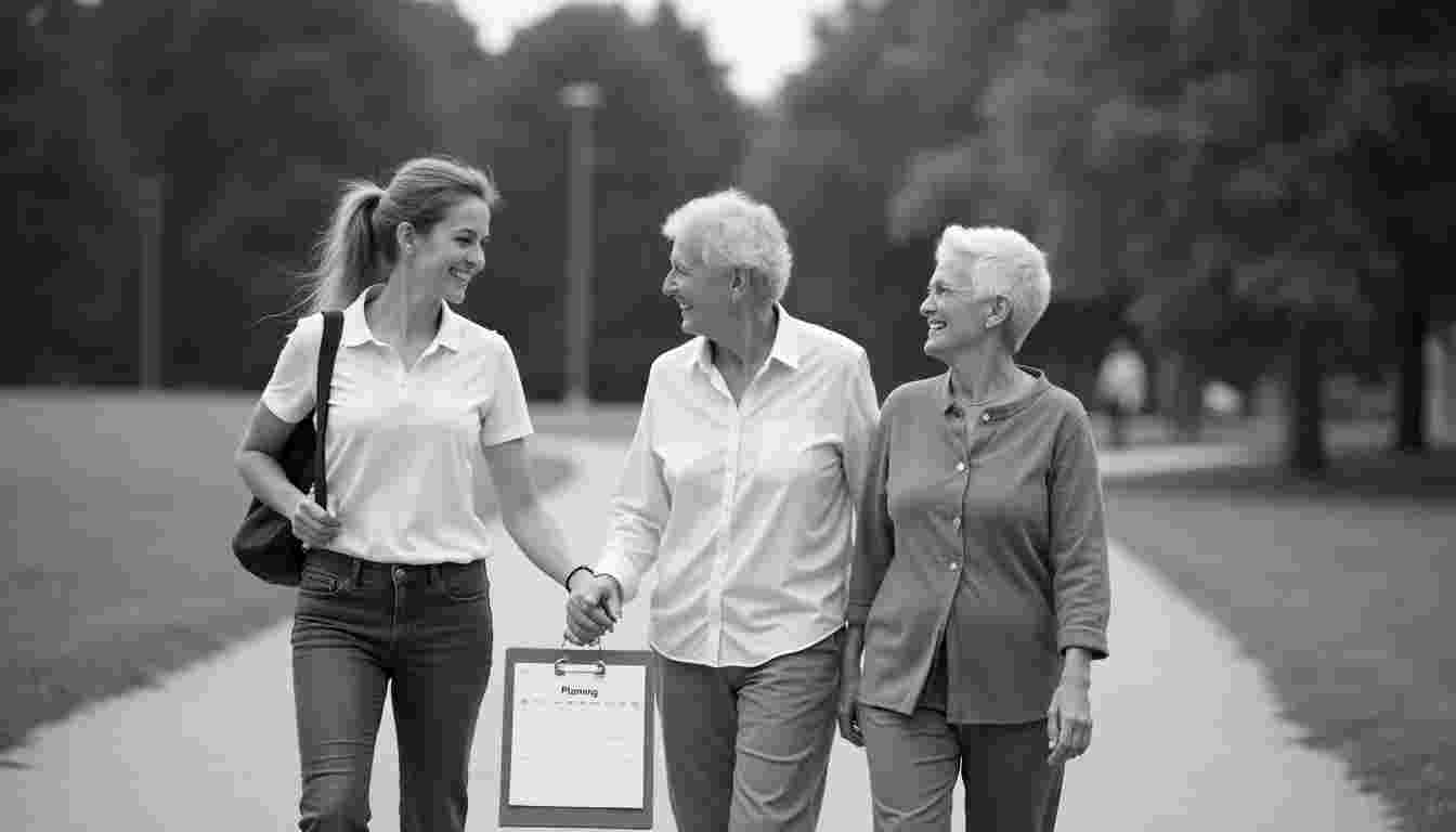 Eine Alltagsbegleiterin geht zusammen mit einem älteren Paar gemeinsam spazieren. Symbol für Selbständig machen als Alltagsbegleiter.