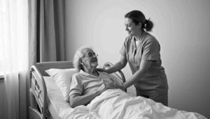 Pflegekraft hilft älterer Person im Bett als Symbol für das Selbständig machen Pflegedienst.