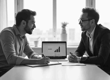 Zwei Männer diskutieren über Diagramme im Rahmen eines KfW ERP Förderkredit KMU.