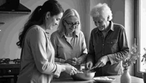Gemeinsames Kochen in der Küche als Symbol für Vergleichstabelle und Unterschiede Alltagsbegleitung Betreuungsdienst und Pflegedienst.