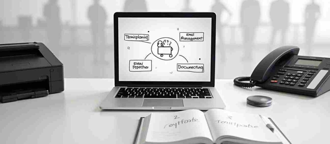 Selbständig machen mit Büroservice 1 Laptop mit Dokumentation und Telefon als Symbol für Selbständig machen mit Büroservice.