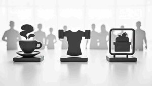 3-D-Logos für Kaffee, Fitness, gesunde Ernährung als Symbol fürs Selbständig machen mit Franchise.