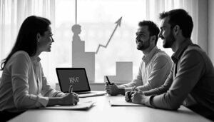 Besprechung von 3 Personen zum KfW ERP Förderkredit Gründung und Nachfolge mit Diagramm und Laptop.