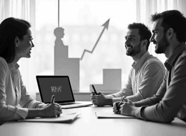 Besprechung von 3 Personen zum KfW ERP Förderkredit Gründung und Nachfolge mit Diagramm und Laptop.