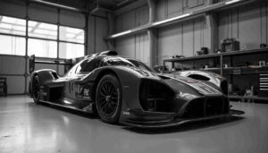 Schwarzer Rennwagen in Werkstatt als Symbol für Selbständig machen Tuning- und Oldtimer-Werkstatt.
