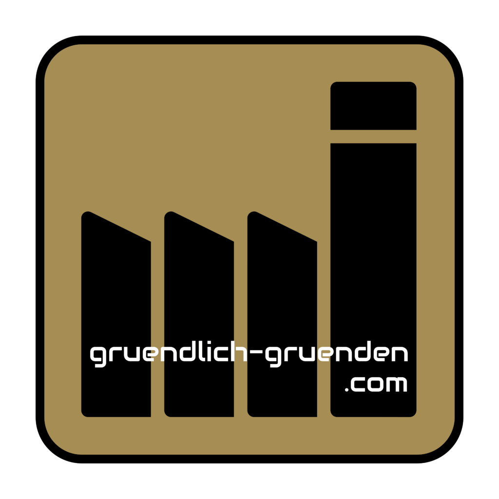 Logo mit Text gruendlich gruenden.com auf kombinierten Info-Fabrik-Symbol
