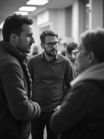 3 Gründer in einer Diskussion bei einer Versammlung symbolisiert ein Netzwerk für Gründer.