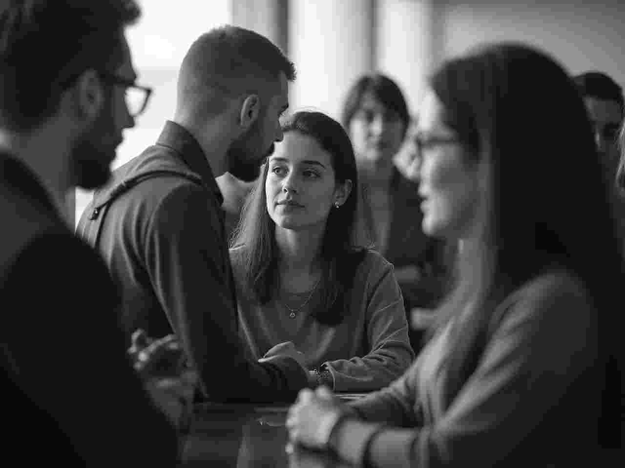 Fokus auf junger Gründerin in einer Diskussionen zwischen mehreren Personen.