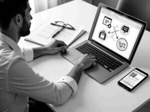 Mann arbeitet am Laptop und Smartphone an seinen Profilen in den Sozialen Medien
