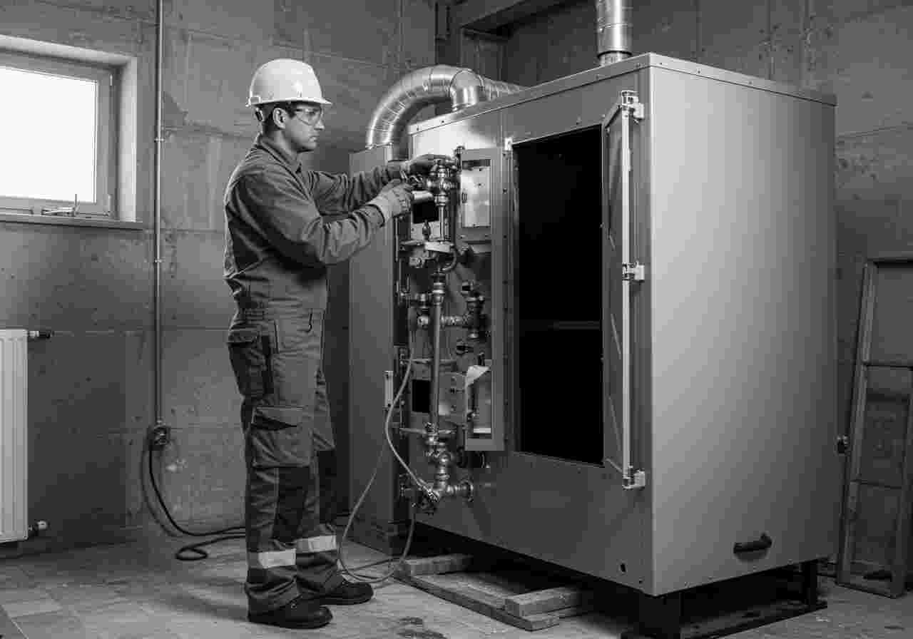 Heizungsbauer vor einem Heizkessel beim Einstellen des Geräts.
