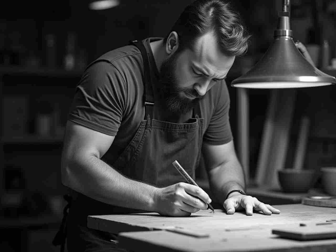 Tischler konzentriert bei der Arbeit mit Stift beim Vorzeichnen.