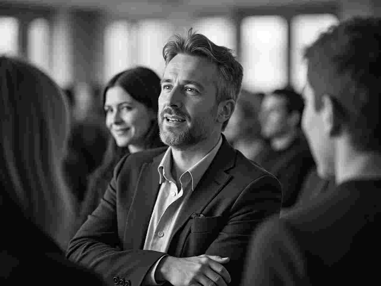 Kostenfreie Gründer-Info 1 Menschen in einer Versammlung, schwarz-weiß.